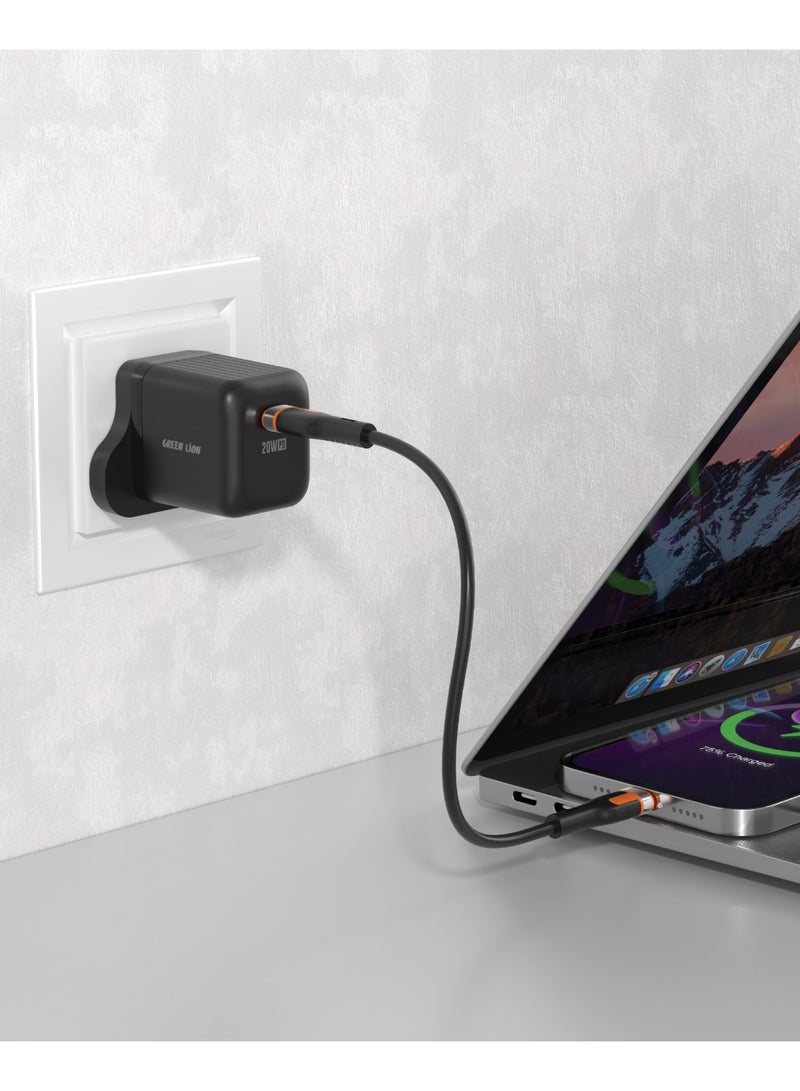 GREEN LION Ultra Compact GaN Wall Charger UK Pin USB-C PD 20W with Type-C to Type-C Cable / Charging Protection / Compact Lightweight Travel Friendly / Secure and Stable Charger for Home & Office - Black - Image 2
