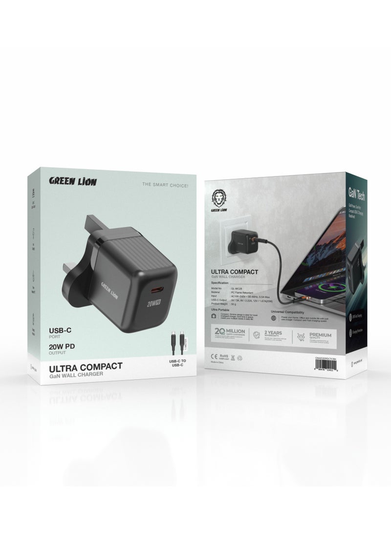 GREEN LION Ultra Compact GaN Wall Charger UK Pin USB-C PD 20W with Type-C to Type-C Cable / Charging Protection / Compact Lightweight Travel Friendly / Secure and Stable Charger for Home & Office - Black - Image 4
