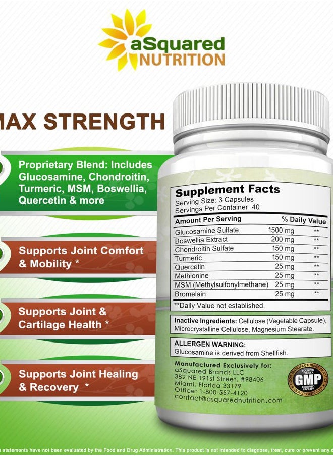 aSquared Nutrition - Glucosamine Chondroitin Turmeric MSM Boswellia - 120 Capsules - Joint Support Supplement - Joint Support Relief Pills for Health - Natural Supplement for Back, Knee & Hands - Image 1