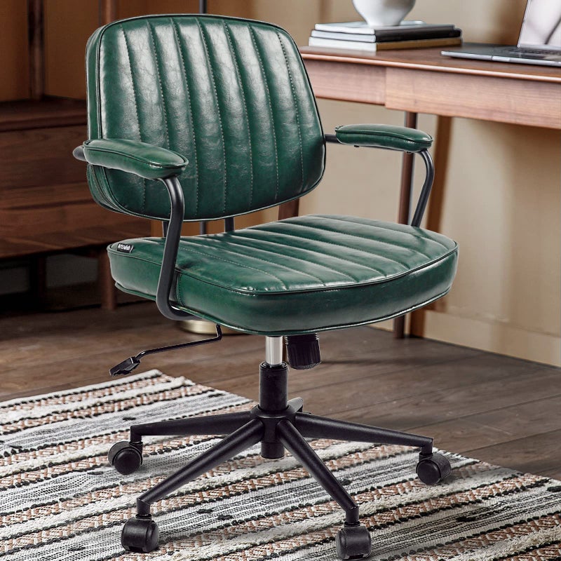 Artswish Mid Century Office Desk Chair  Green Leather Home Office Chair with Wheels and Arms