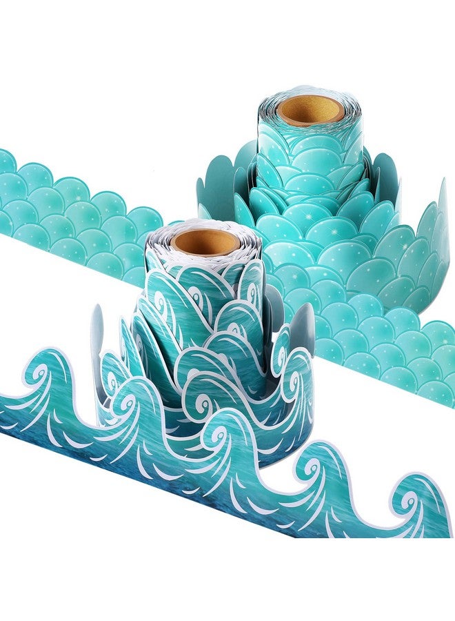 Nezyo 2 Rolls Ocean Waves Bulletin Board Border Blue Turquoise Scallops Bulletin Board Trim Paper Ocean Beach Bulletin Board Decorations Classroom Borders Under The Sea Classroom Decorations 98 Feet - Image 1