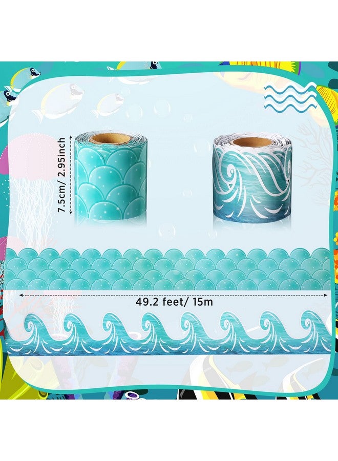 Nezyo 2 Rolls Ocean Waves Bulletin Board Border Blue Turquoise Scallops Bulletin Board Trim Paper Ocean Beach Bulletin Board Decorations Classroom Borders Under The Sea Classroom Decorations 98 Feet - Image 3