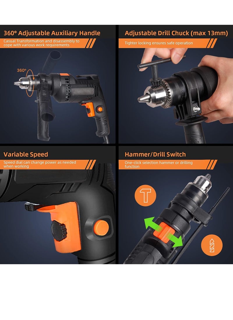 Generic - Electric Drill Set, Corded Electric Hammer Percussion Drill, Variable Speed Screwdriver Drill Drivers with 24 Pieces Accessories Bit, Storage Case Included for Drilling Metal, Concrete & Wood - Image 1