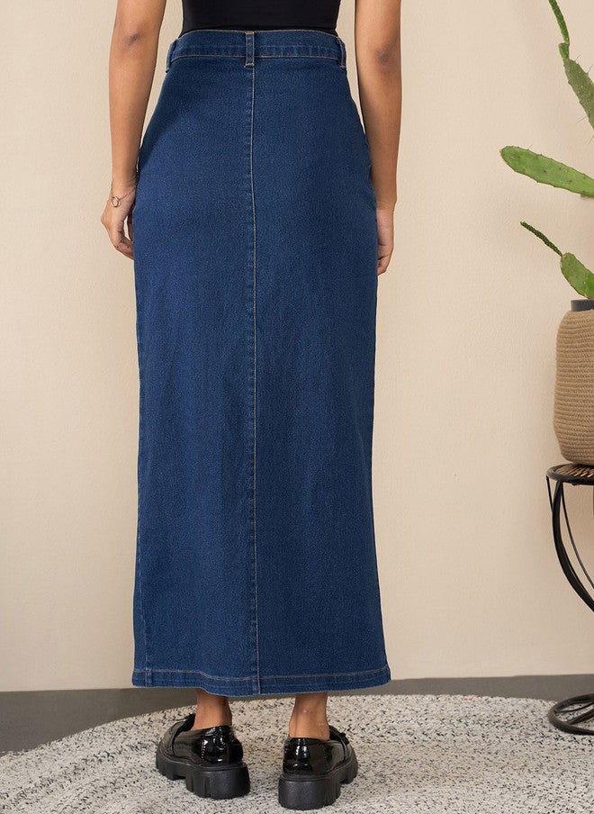 StyleStone Women's Blue Denim Straight Maxi Skirt with Front Slit - Image 4