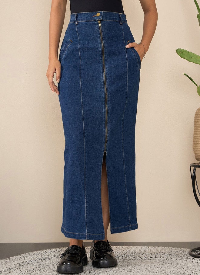 StyleStone Women's Blue Denim Straight Maxi Skirt with Front Slit - Image 2