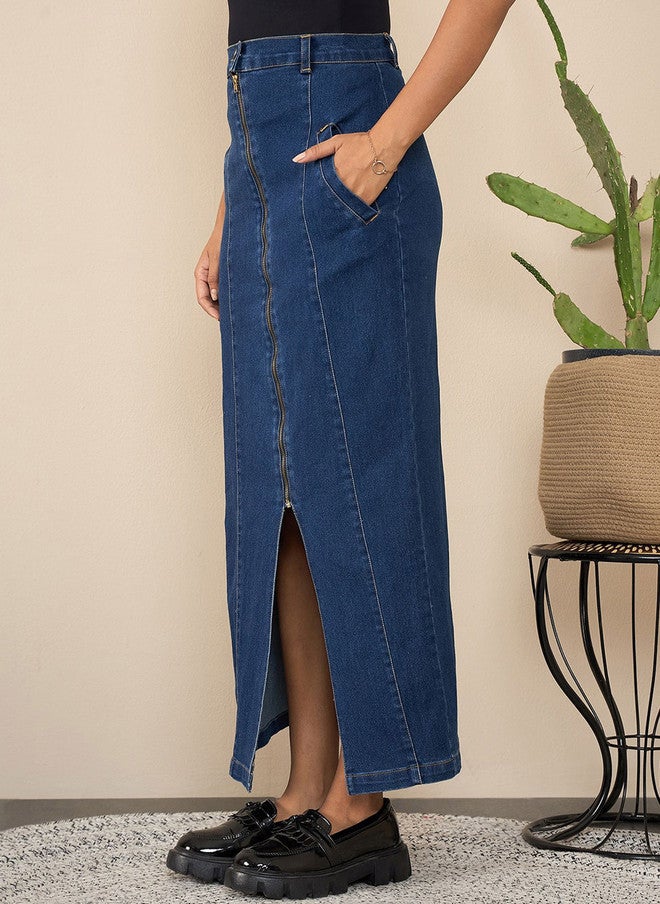 StyleStone Women's Blue Denim Straight Maxi Skirt with Front Slit - Image 3