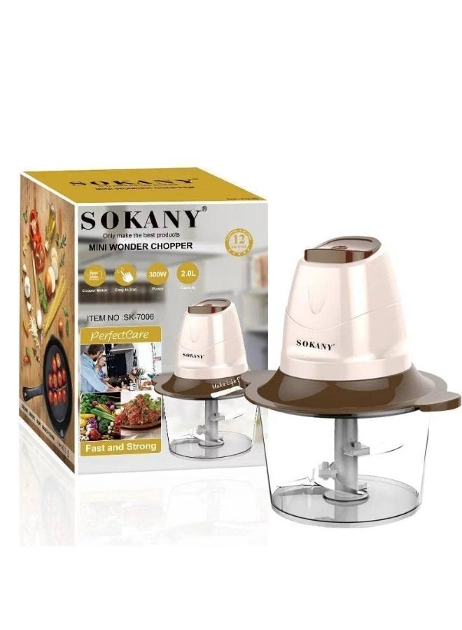 Sokany Electric Food Chopper/Kibbeh, 2 Liter Capacity, 300 Watt Power, Dual Stainless Steel Blades - SK-7006