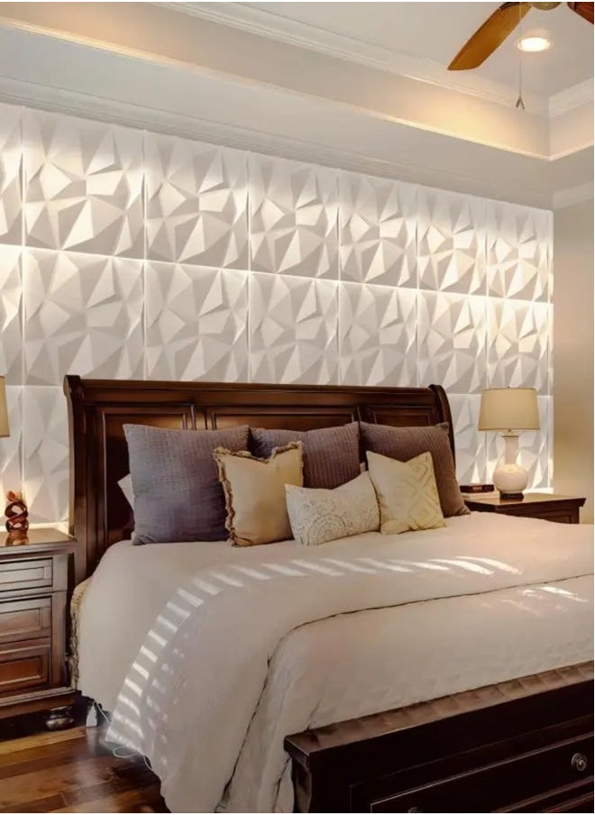 EzzySo - 12 Pcs 3D Wall Panel 3D Texture PVC Wallpaper Diamond Design Decorative Wall Cover For Living Room Lobby Bedroom Office PVC Material White Each 30x30cm - Image 1