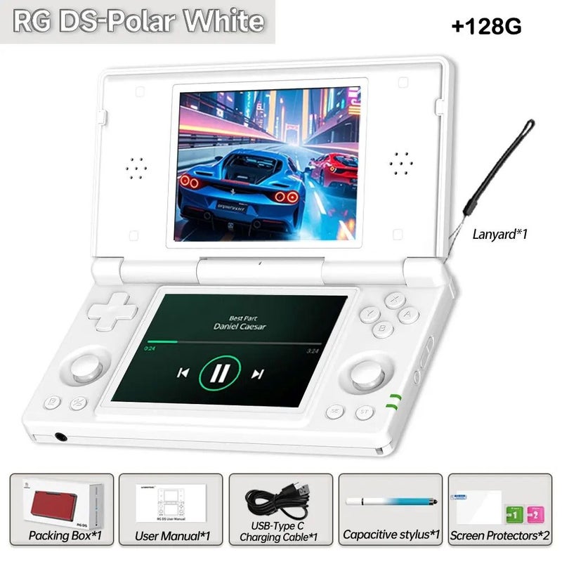 Anbernic RG DS +128gb Handheld Game Console Dual IPS Screen Android 4000mAh Flip Video Game Player, White - Image 1