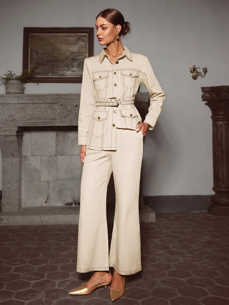 Simplee Lapel Long Sleeve Top & High Waist Straight Leg Trousers Set, Cargo Office Co-ord Set