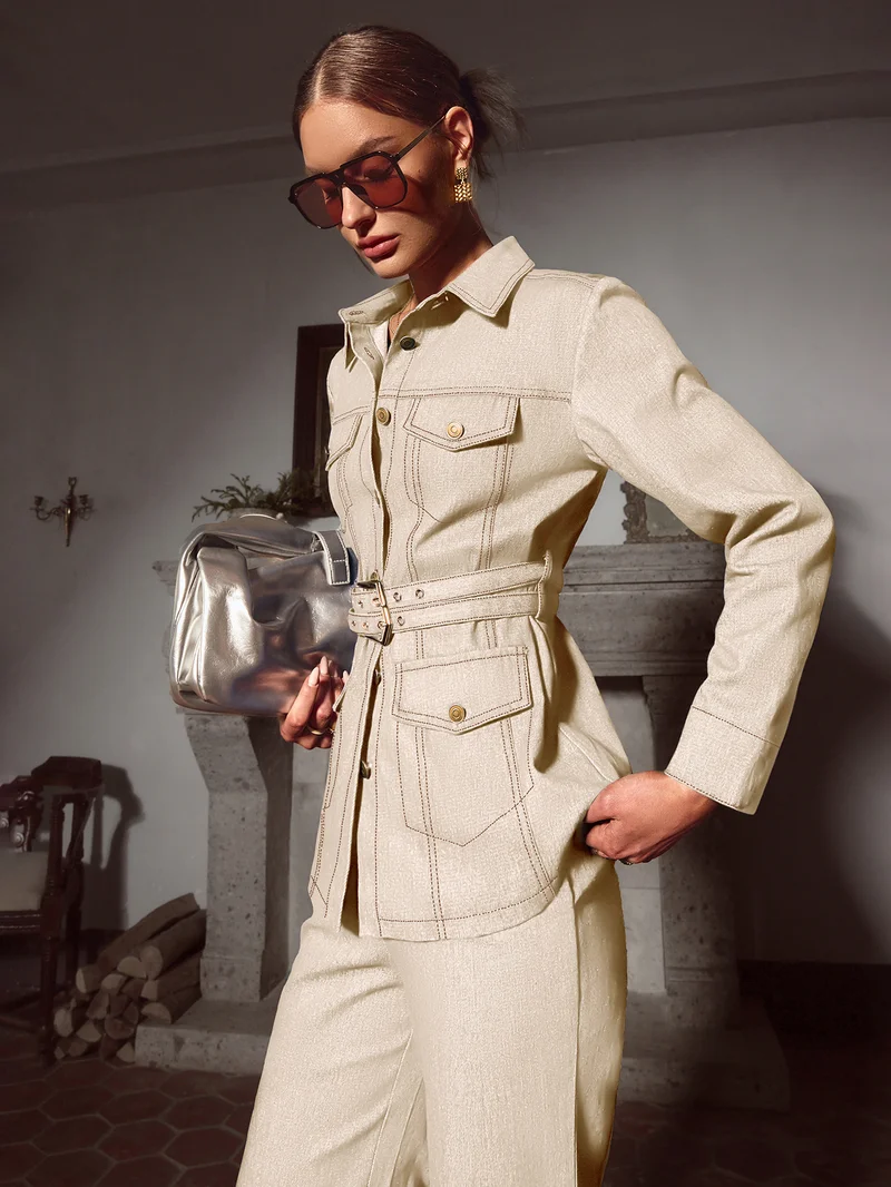 Simplee Lapel Long Sleeve Top & High Waist Straight Leg Trousers Set, Cargo Office Co-ord Set