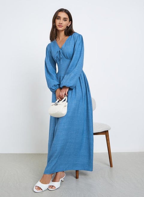 Blue Maxi Dress with Volume Sleeves