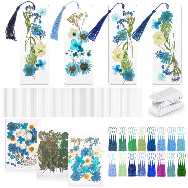 Fuyoooo 376 Pcs DIY Bookmark Making Kit, 150 Bookmark Laminating Pouches Bulk with 150 Tassels and Puncher DIY Projects Party Favor Gift for Reading Women Book Lovers(2 x 6 Inch,Blue Color) - Image 1