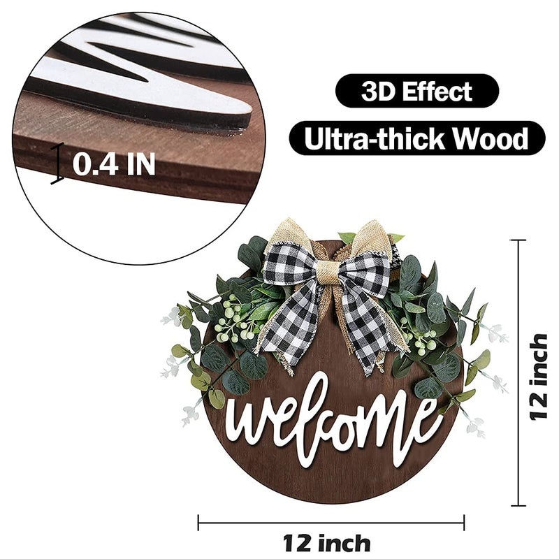 VOBRAMY Welcome Sign for Front Door, Decor for Farmhouse Porch, Rustic Welcome Wreaths with Stapled Greenery, Round Wooden Hanging Housewarming Gift for Home Outdoor Indoorâ€¦ - Image 3