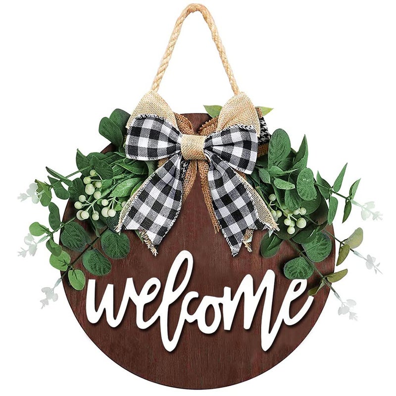 VOBRAMY Welcome Sign for Front Door, Decor for Farmhouse Porch, Rustic Welcome Wreaths with Stapled Greenery, Round Wooden Hanging Housewarming Gift for Home Outdoor Indoorâ€¦ - Image 1