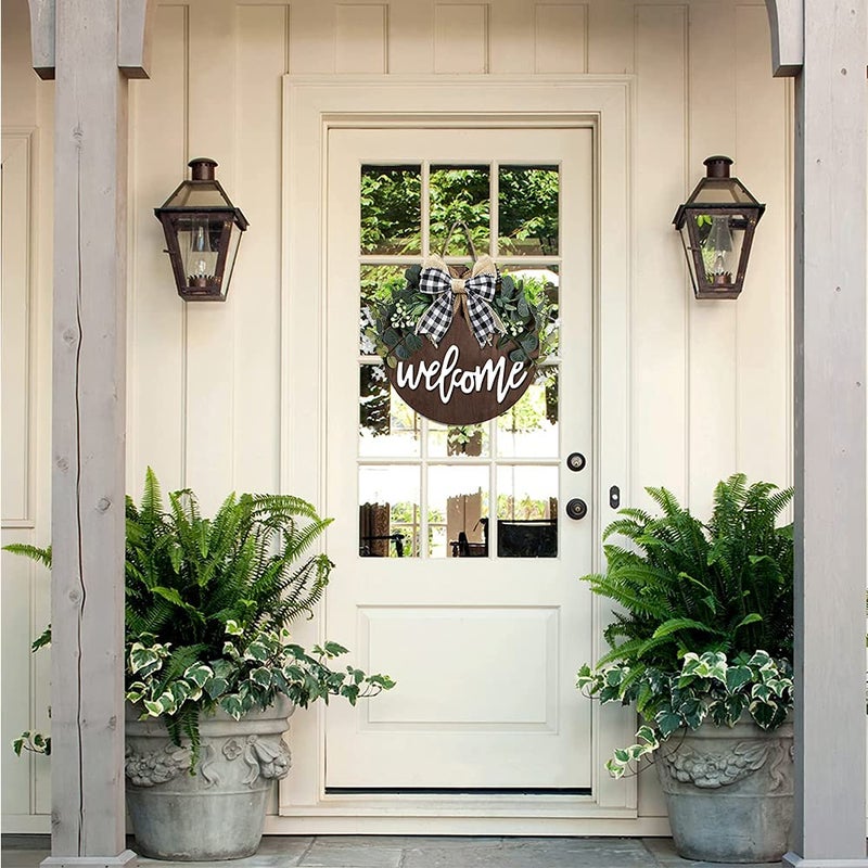 VOBRAMY Welcome Sign for Front Door, Decor for Farmhouse Porch, Rustic Welcome Wreaths with Stapled Greenery, Round Wooden Hanging Housewarming Gift for Home Outdoor Indoorâ€¦ - Image 4