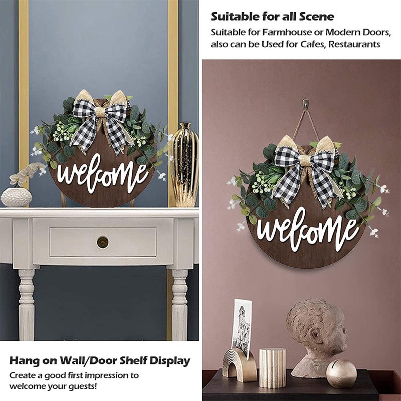 VOBRAMY Welcome Sign for Front Door, Decor for Farmhouse Porch, Rustic Welcome Wreaths with Stapled Greenery, Round Wooden Hanging Housewarming Gift for Home Outdoor Indoorâ€¦ - Image 5