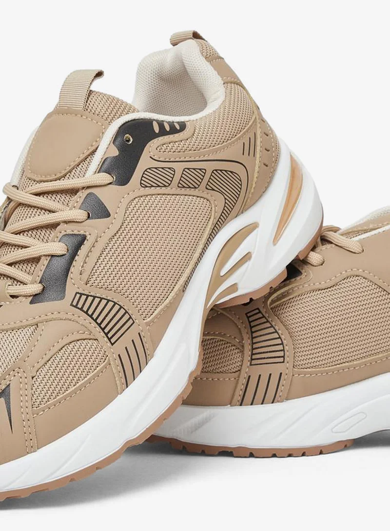 Styli Beige Printed Panel Sporty Sneakers