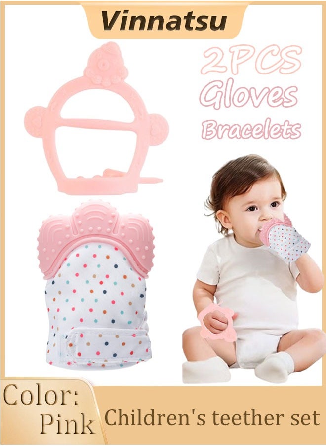 Vinnatsu 2PCS Baby Teething Set For 0-12 Months,Hold & Wear, Includes Baby Chew Toy and Silicone Mitten Teether Glove, Infant Soothing Pain Relief for Baby (Pink)  - Image 1