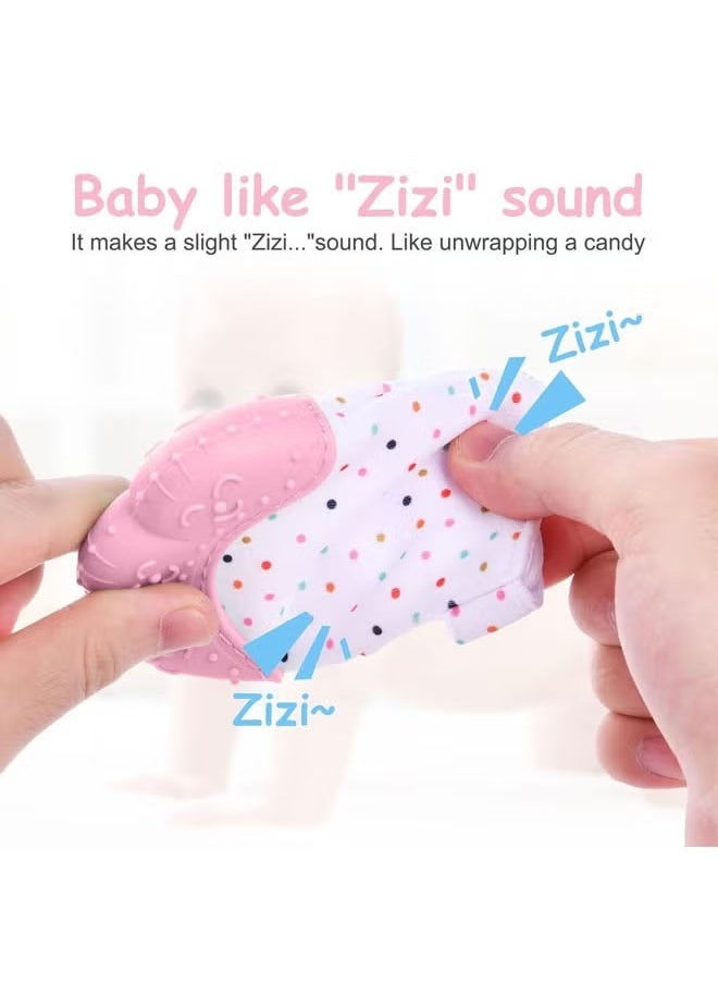 Vinnatsu 2PCS Baby Teething Set For 0-12 Months,Hold & Wear, Includes Baby Chew Toy and Silicone Mitten Teether Glove, Infant Soothing Pain Relief for Baby (Pink)  - Image 5