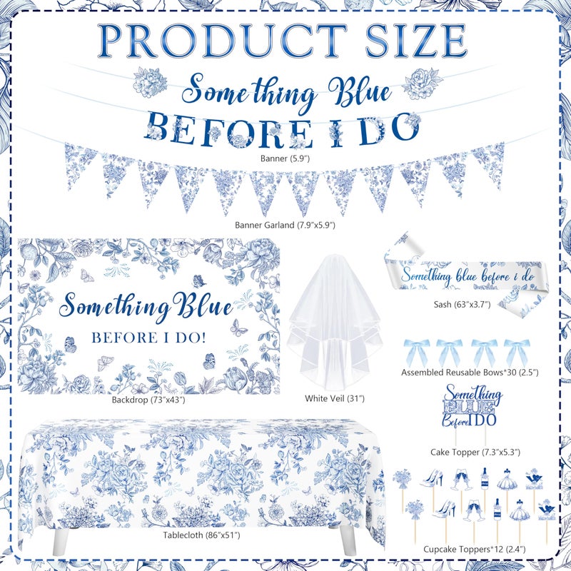 THAWAY Something Blue Before I Do Bridal Shower Decorations,127 PCS Blue Bachelorette Party Decorations with Coquette Bow Balloon Arch Kit Floral Backdrop Tablecloth Banner Garland Cake Topper Veil - Image 2