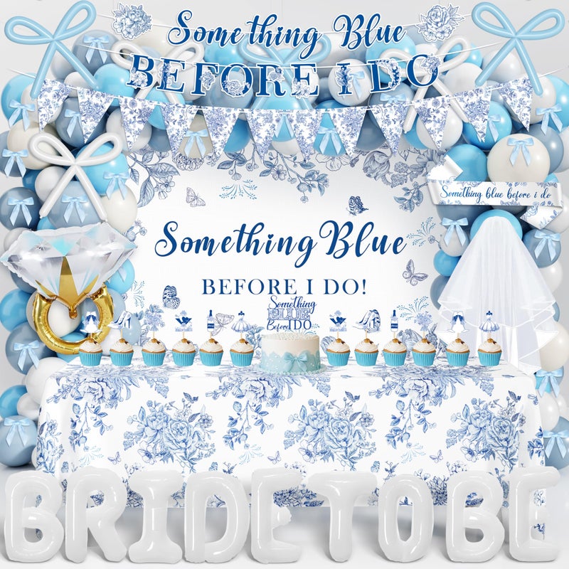 THAWAY Something Blue Before I Do Bridal Shower Decorations,127 PCS Blue Bachelorette Party Decorations with Coquette Bow Balloon Arch Kit Floral Backdrop Tablecloth Banner Garland Cake Topper Veil - Image 1