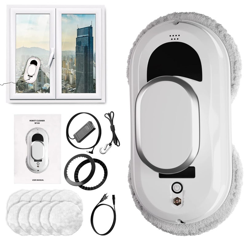 APQ Supply White Automatic Window Cleaner Robot W100 118 x 59 x 47 Inch with 3 Modes and 10 Cloth Pads Window Vacuum Cleaner for Windows Without Water Spray Automatic Glass Cleaner Vacuum 72dB