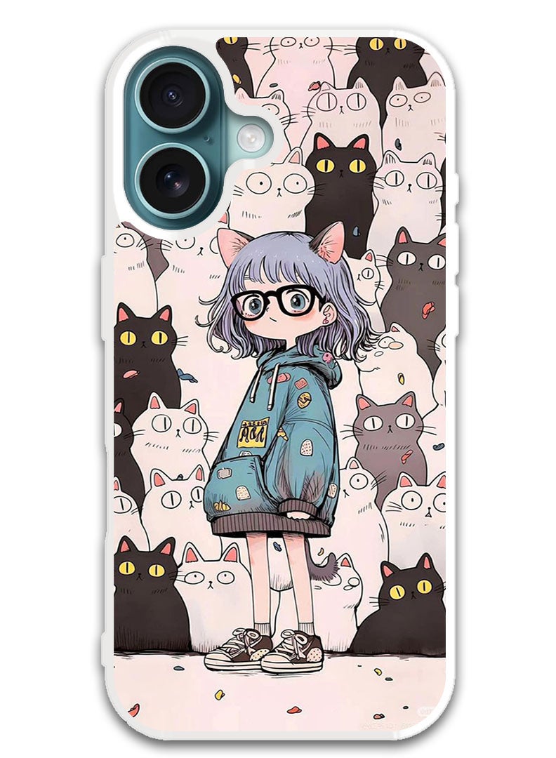 Theodor Protective Case Cover For APPLE IPHONE 16 Cats & Girl (White Bumper) - Image 1