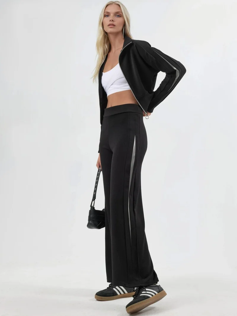 زوبعة Modal Touch High Waist Wide Leg Two-Piece Set with Zipper Collar Bersan Collection