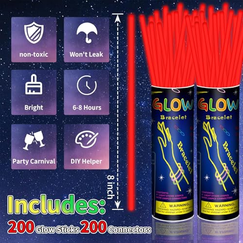 Taikula 200 Pack 8 Glow Sticks Bulk Party Favors Red Light Up Sticks with Connectors Neon Glow in the Dark Party Supplies Bracelets for Holiday Birthday Party Decoration Red - Image 5