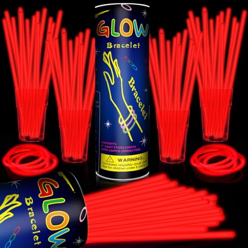 Taikula 200 Pack 8 Glow Sticks Bulk Party Favors Red Light Up Sticks with Connectors Neon Glow in the Dark Party Supplies Bracelets for Holiday Birthday Party Decoration Red - Image 1