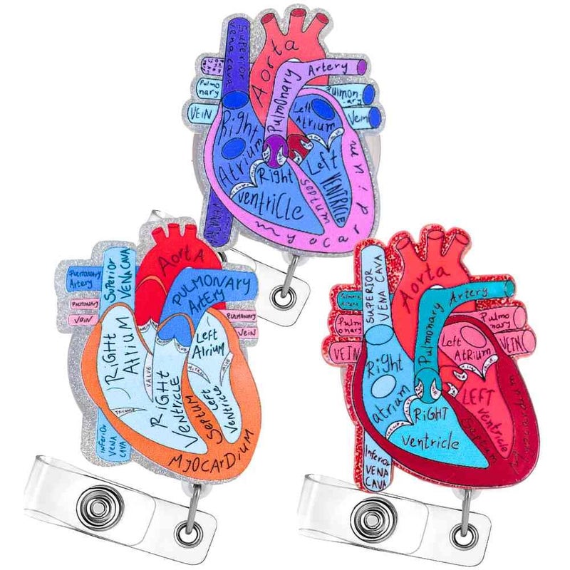 YJ PREMIUMS 3 PC Cardiac Heart Phlebotomy Badge Reel Holder Retractable with ID Name Card Tag Clip for Nurse Nurses Nursing Anatomy Surgery Student Doctor CNA RN MA ICU LPN Medical Hospital Accessories - Image 1