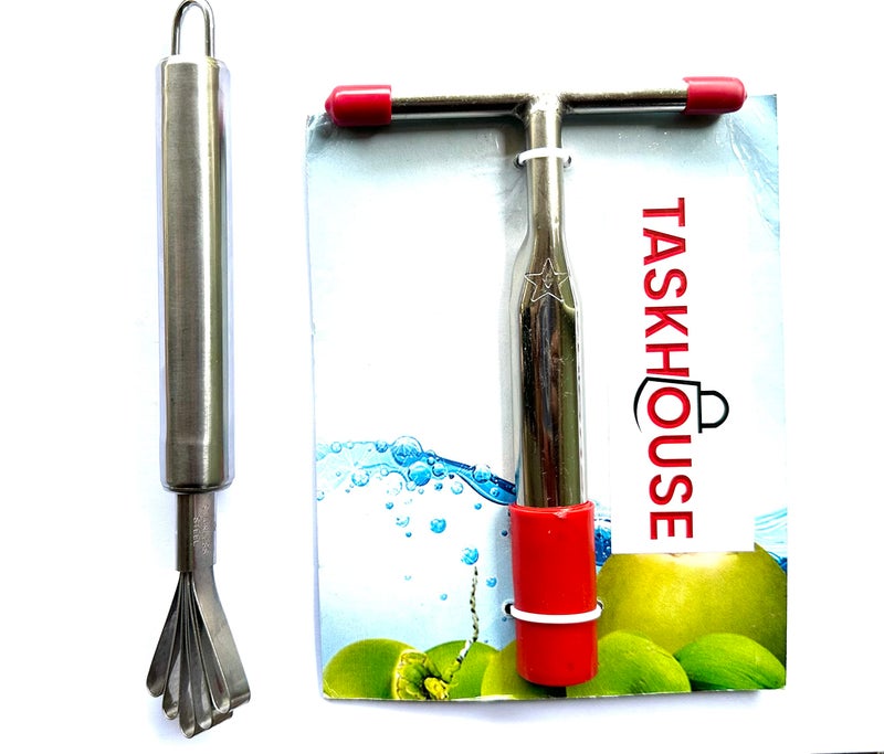 TASKHOUSE Stainless Steel Young Water Punch Tap Drill Straw Hole Opener Tool Coconut Meat Removal Knife Grater Slicer Set (Coconut Drill + Coconut Remover) - Image 1