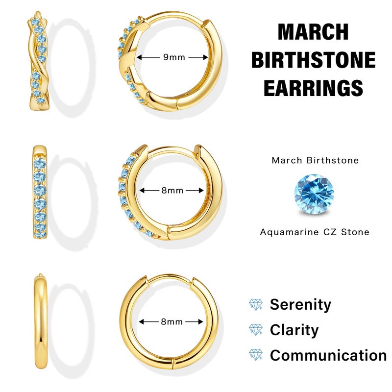 Inerney Gold Aquamarine Huggie Hoop Earrings Set for Women, Dainty 14K Small Light Blue Earring Hypoallergenic Jewelry for Multiple Piercings, Trendy Twisted Cartilage Hoops March Birthstone Gift - Image 3