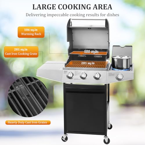 Unovivy 3-Burner Propane Gas BBQ Grill with Side Burner & Porcelain-Enameled Cast Iron Grates Built-in Thermometer, 39,000 BTU Outdoor Cooking, Patio, Garden Barbecue Grill, Black and Silver - Image 2