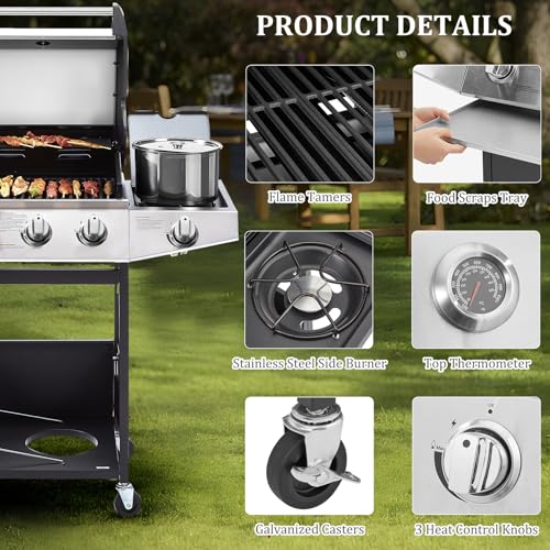 Unovivy 3-Burner Propane Gas BBQ Grill with Side Burner & Porcelain-Enameled Cast Iron Grates Built-in Thermometer, 39,000 BTU Outdoor Cooking, Patio, Garden Barbecue Grill, Black and Silver - Image 3