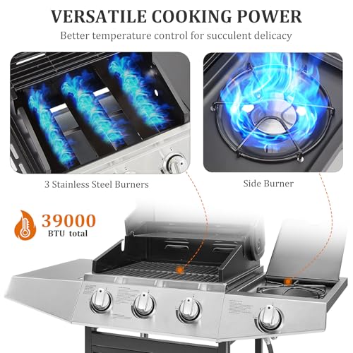 Unovivy 3-Burner Propane Gas BBQ Grill with Side Burner & Porcelain-Enameled Cast Iron Grates Built-in Thermometer, 39,000 BTU Outdoor Cooking, Patio, Garden Barbecue Grill, Black and Silver - Image 4
