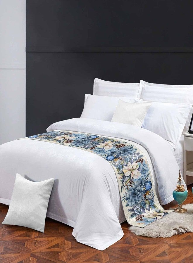 Ldtrchee Bed Runner for King Size, Blue Christmas Poinsettia Decorative Scarf Throws for Foot of Bed, Xmas Balls Berries Beige Luxury Bedding Protector Slipcover Bedrunners for Hotel, 94 x 20 Inch - Image 3