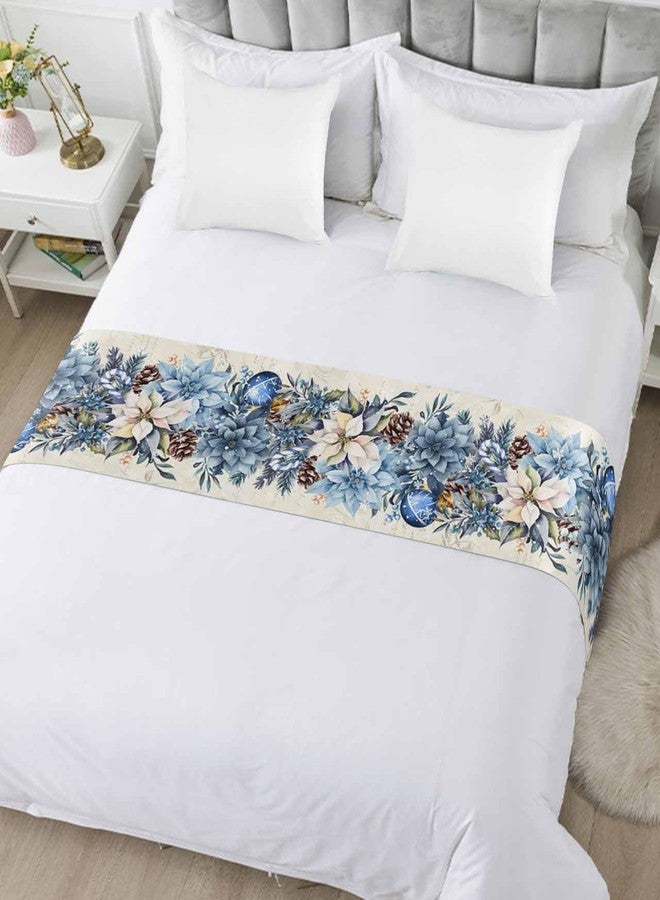 Ldtrchee Bed Runner for King Size, Blue Christmas Poinsettia Decorative Scarf Throws for Foot of Bed, Xmas Balls Berries Beige Luxury Bedding Protector Slipcover Bedrunners for Hotel, 94 x 20 Inch - Image 5