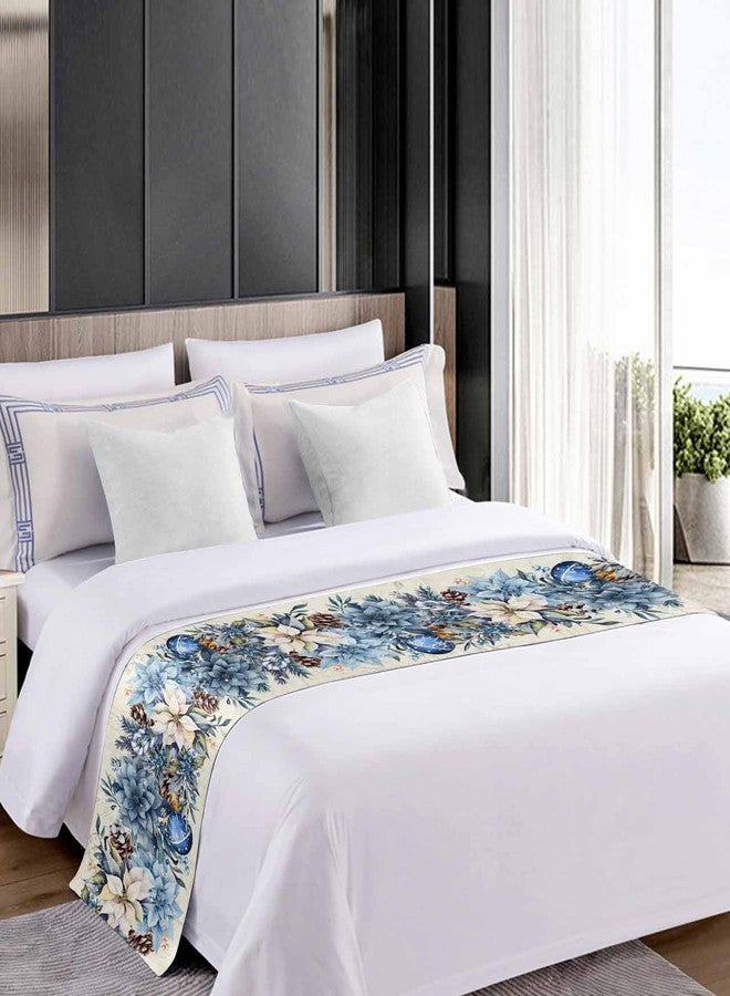 Ldtrchee Bed Runner for King Size, Blue Christmas Poinsettia Decorative Scarf Throws for Foot of Bed, Xmas Balls Berries Beige Luxury Bedding Protector Slipcover Bedrunners for Hotel, 94 x 20 Inch - Image 4
