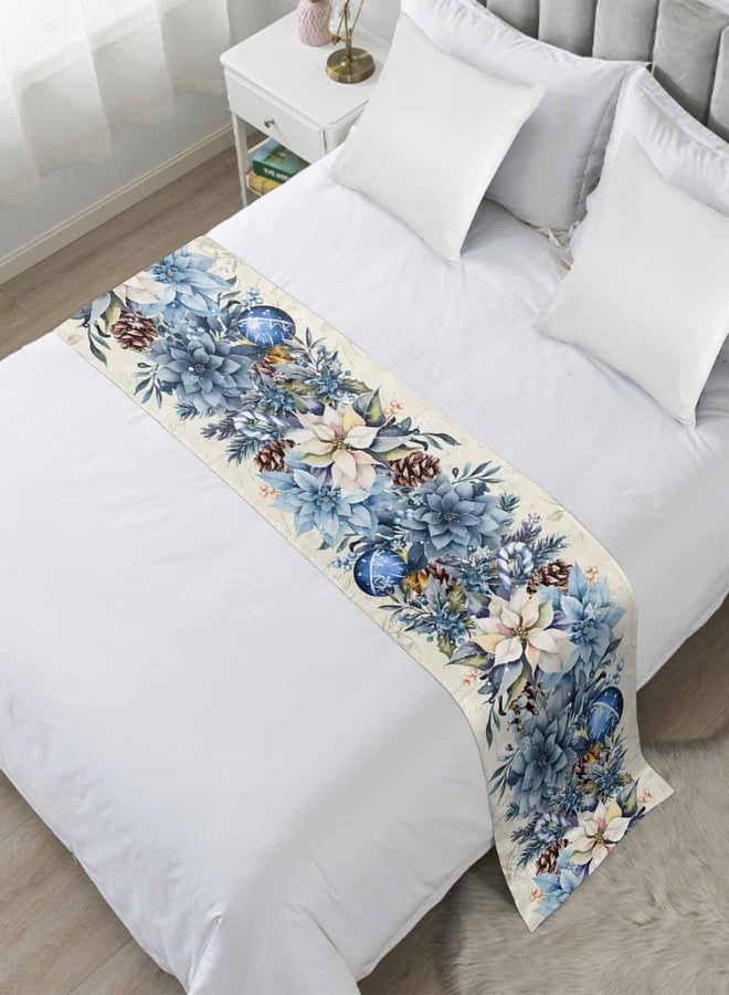 Ldtrchee Bed Runner for King Size, Blue Christmas Poinsettia Decorative Scarf Throws for Foot of Bed, Xmas Balls Berries Beige Luxury Bedding Protector Slipcover Bedrunners for Hotel, 94 x 20 Inch - Image 1