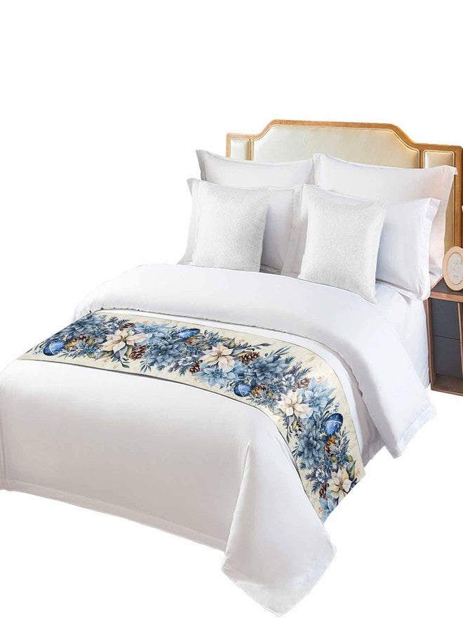 Ldtrchee Bed Runner for King Size, Blue Christmas Poinsettia Decorative Scarf Throws for Foot of Bed, Xmas Balls Berries Beige Luxury Bedding Protector Slipcover Bedrunners for Hotel, 94 x 20 Inch - Image 2