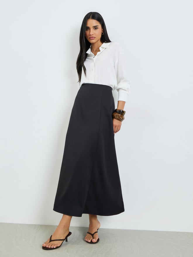 Styli Black Solid A-Line Maxi Skirt - Image 1