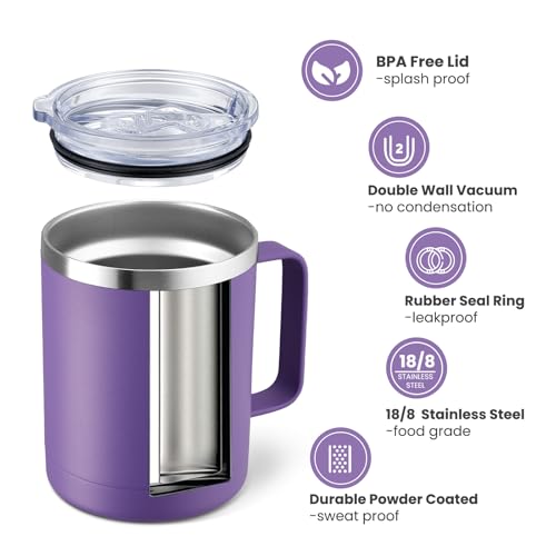 MEWAY 12oz Coffee Mug With Handle and Sliding Lid,Stainless Steel Travel Tumbler Cup with Handle,Double Wall Vacuum Insulated Camping Cup for Hot & Cold Drinks Tea (Purple,Set of 1) - Image 2