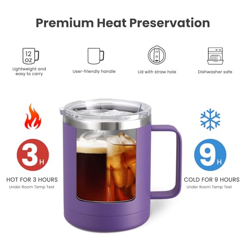 MEWAY 12oz Coffee Mug With Handle and Sliding Lid,Stainless Steel Travel Tumbler Cup with Handle,Double Wall Vacuum Insulated Camping Cup for Hot & Cold Drinks Tea (Purple,Set of 1) - Image 3