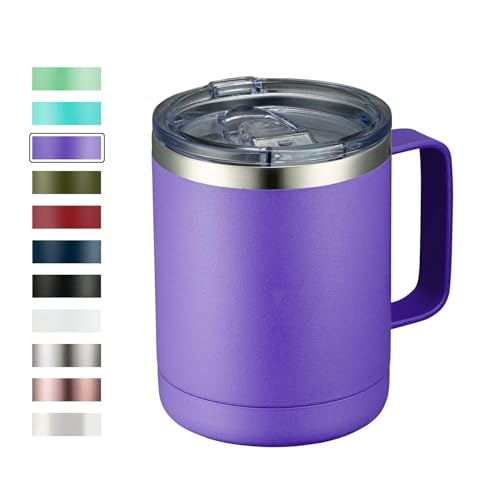 MEWAY 12oz Coffee Mug With Handle and Sliding Lid,Stainless Steel Travel Tumbler Cup with Handle,Double Wall Vacuum Insulated Camping Cup for Hot & Cold Drinks Tea (Purple,Set of 1) - Image 1