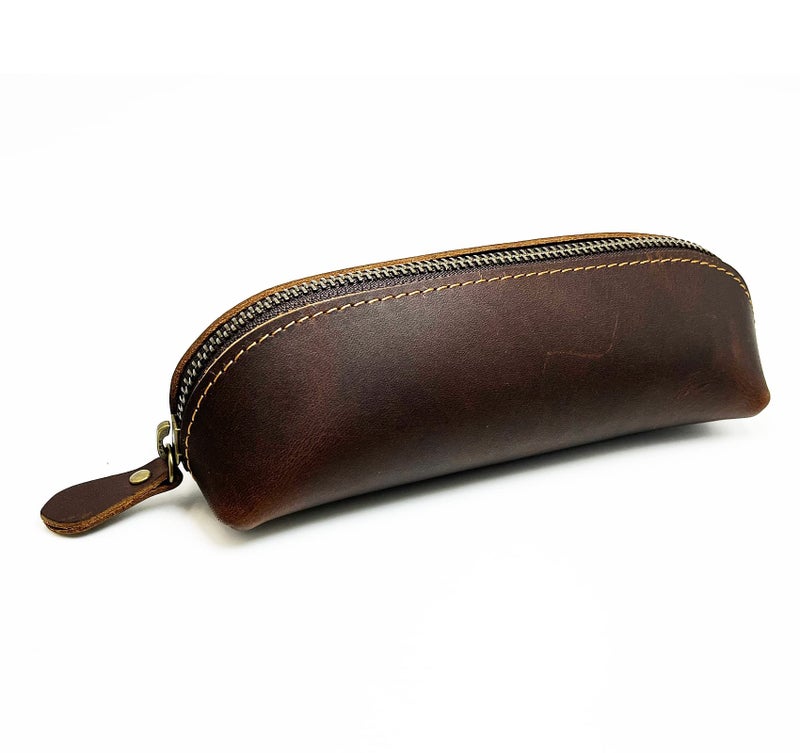 Craoopii Leather Pen Case Pencil Bag Pouch With Zipper Pen Holders Handmade Genuine Leather For Men Women Businessmen And Artists Home Work Office (Deep coffee) - Image 1