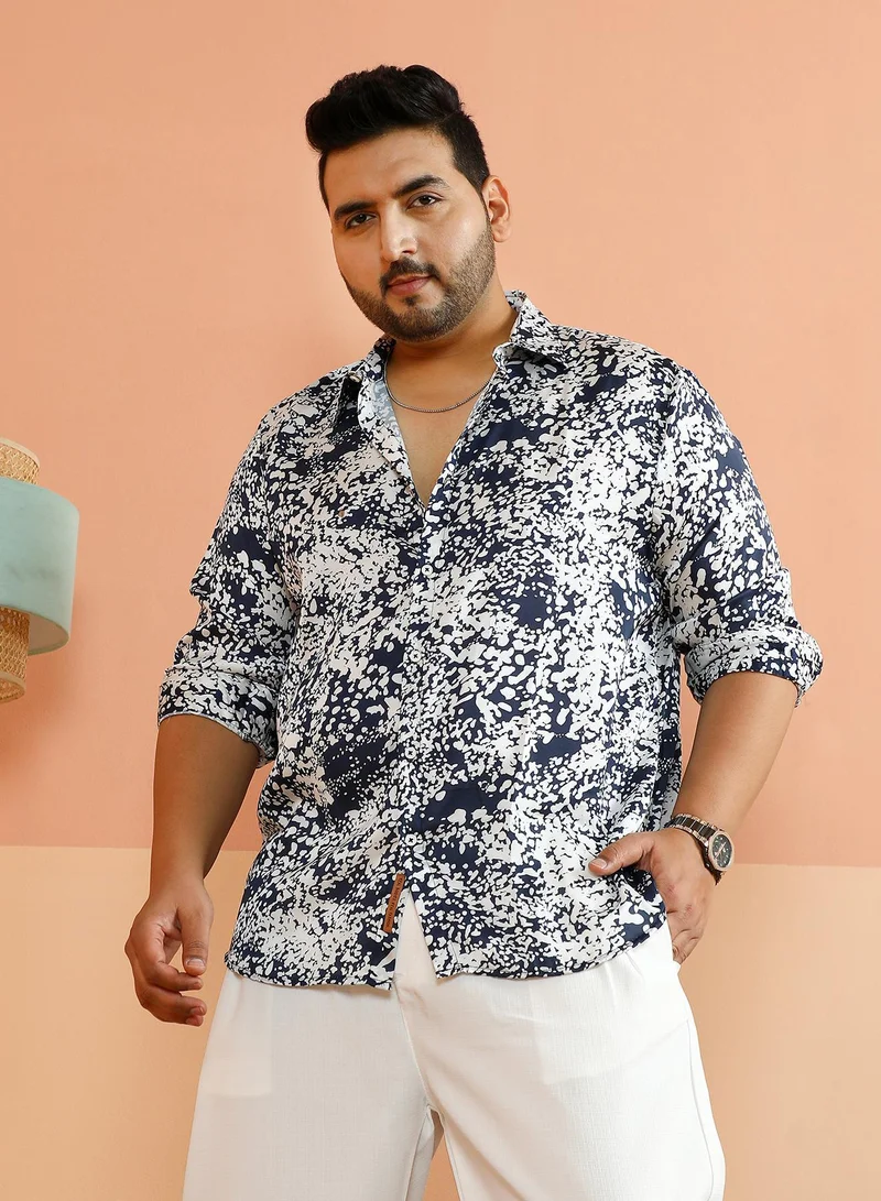 Instafab Plus Instafab Plus Men's Navy Blue & Chalk White Contrast Splatter Shirt For Casual Wear | Spread Collar | Long Cuffed Sleeves | Button Closure | Plus Size Shirt Crafted With Comfort Fit For Everyday Wear