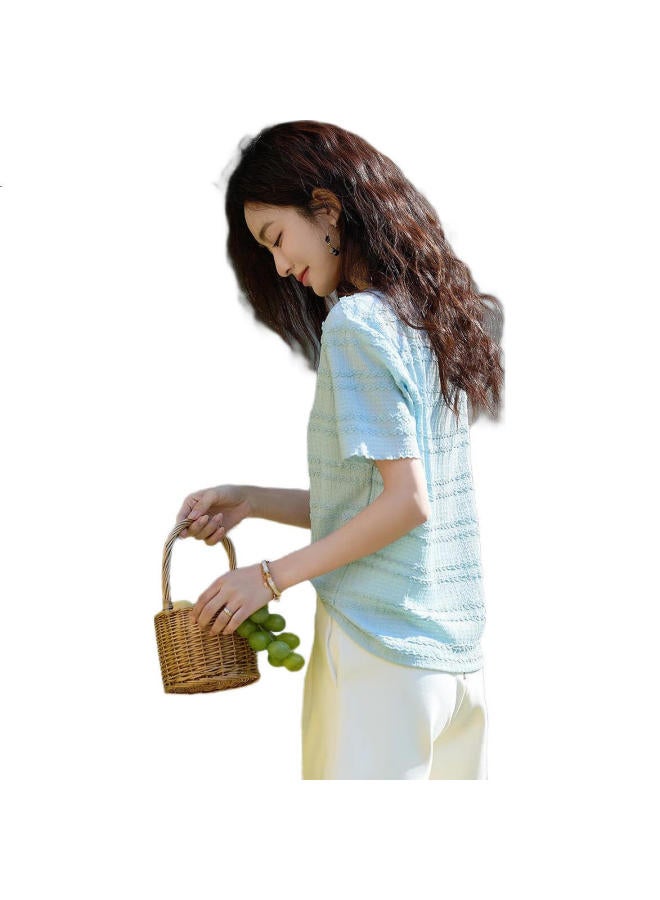 dme "Chuishun Soft" Summer Chic Texture 3D Knitted Short Sleeve Elastic Slimming Women'S T-Shirt - Image 2