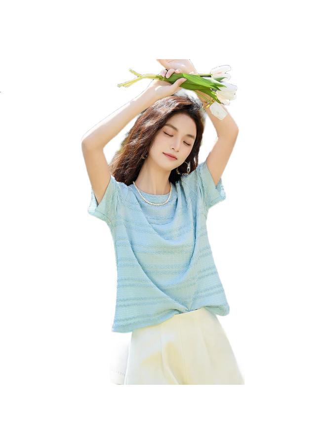 dme "Chuishun Soft" Summer Chic Texture 3D Knitted Short Sleeve Elastic Slimming Women'S T-Shirt - Image 3